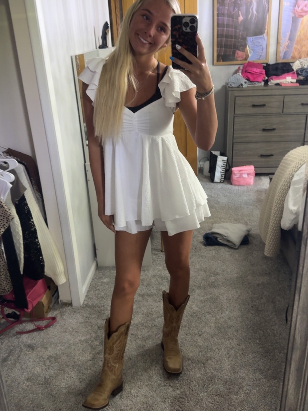 Altar'd State White Ruffle Sleeve Mini Dress with Black Trim